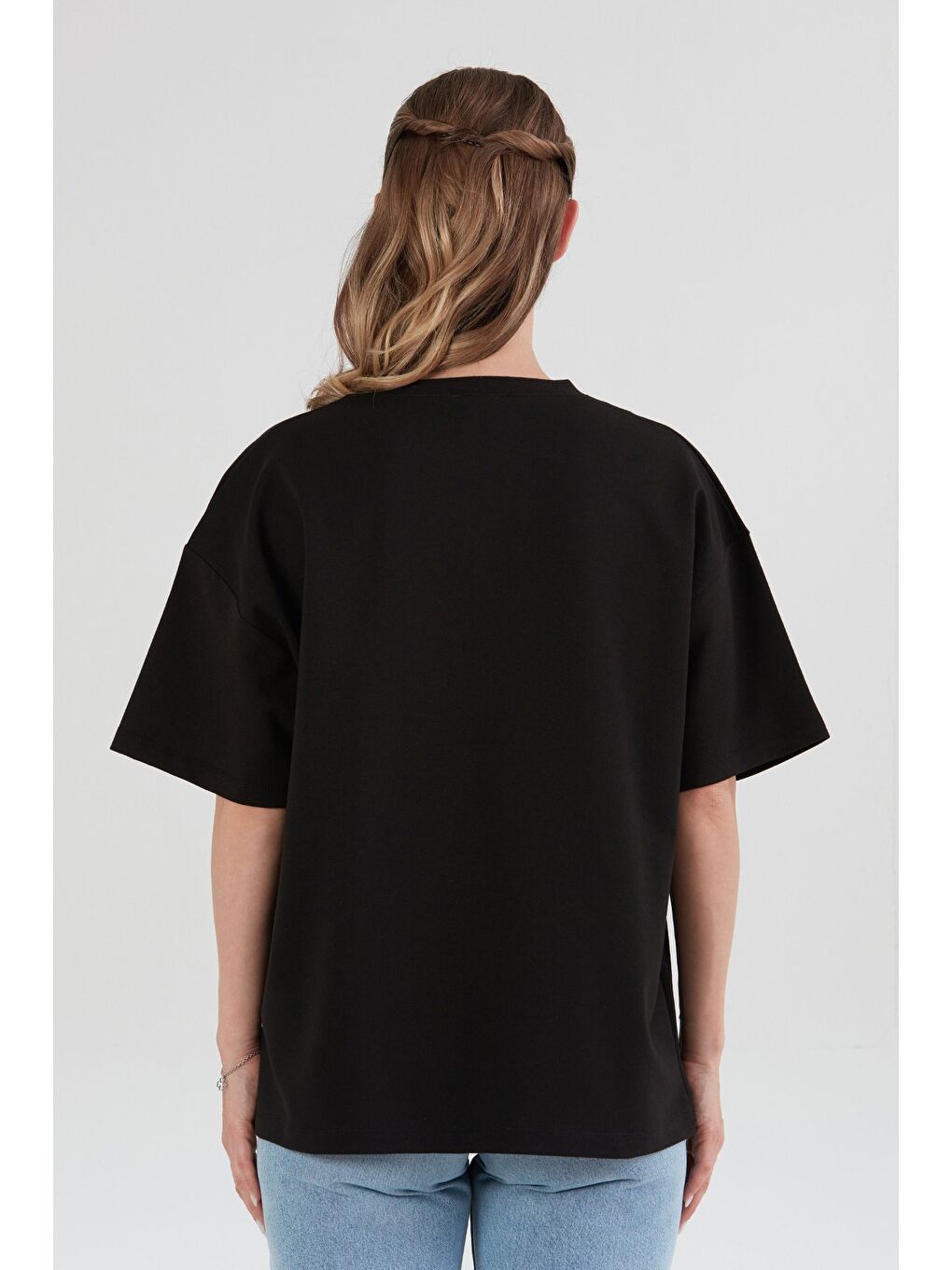 Siyah Ayıcık Baskılı Oversize Tişört-3