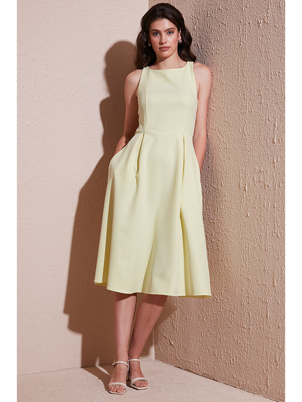 Sarı Bisiklet Yaka Cepli Pileli Midi Kadın Elbise 6051963