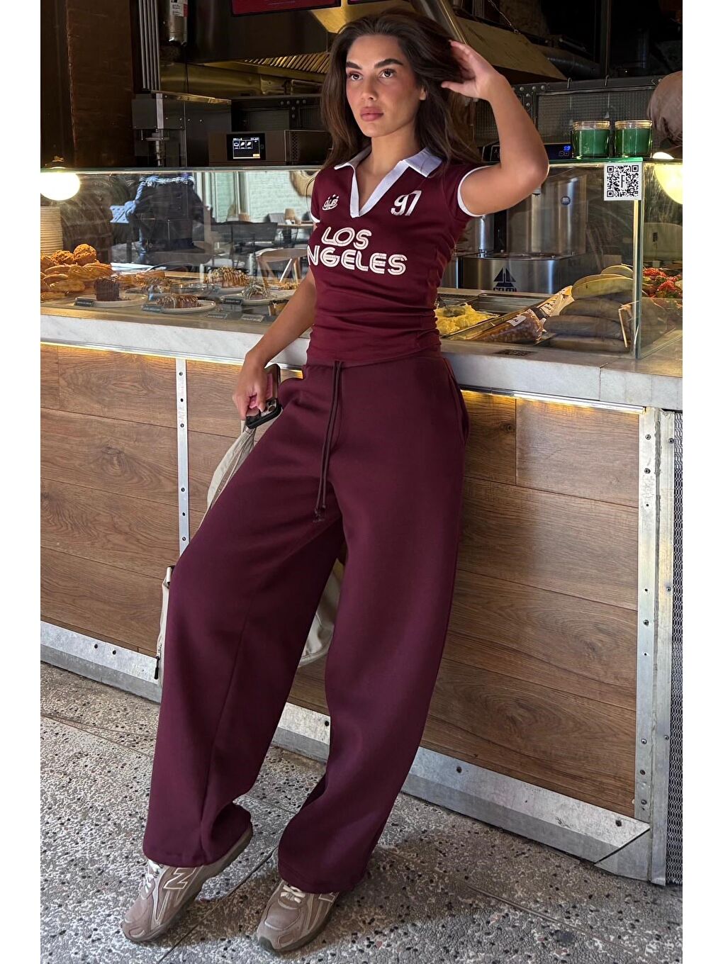 Bordo Baskılı Polo Yaka Slim Fit Kadın Tişört Mg2689-5