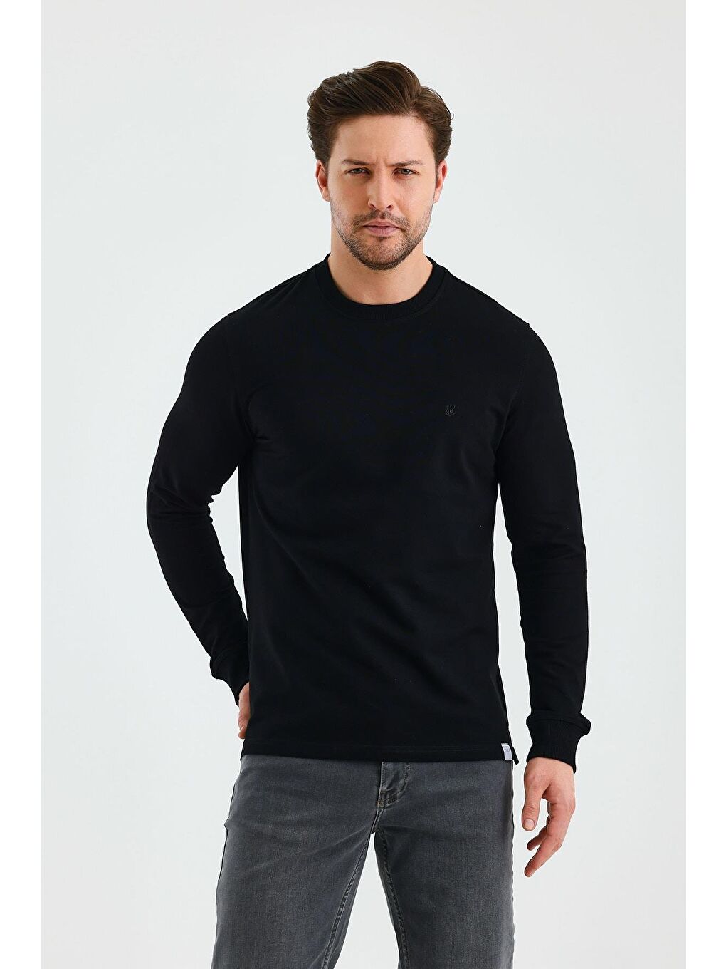 Siyah Uzun Kol Düz Örme Bisiklet Yaka Cepsiz Pamuklu Büyük Beden Sweatshirt 1013245152