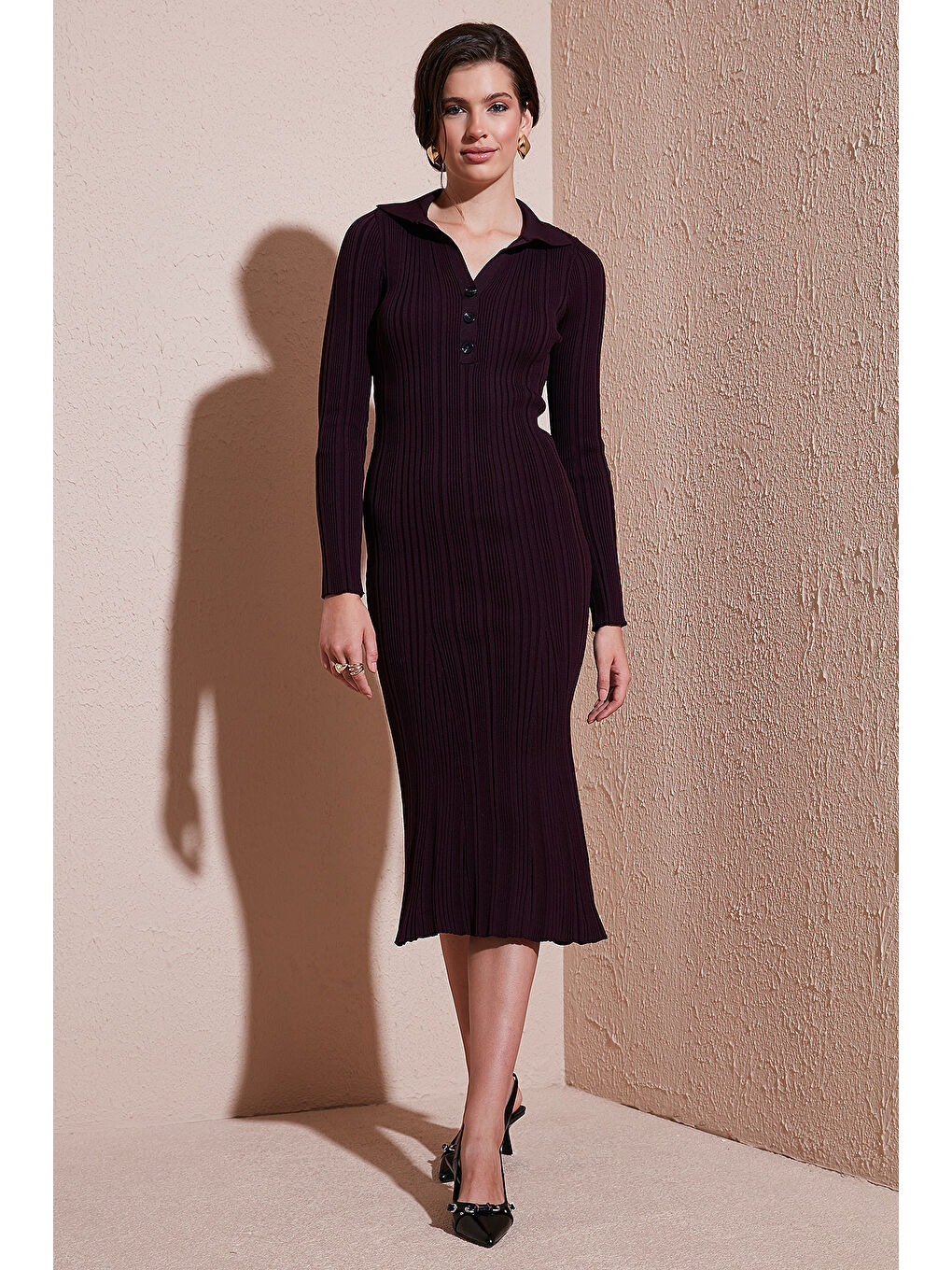 Mürdüm Premium Fitilli V Yaka Slim Fit Midi Boy Triko Elbise 680EL00282-1