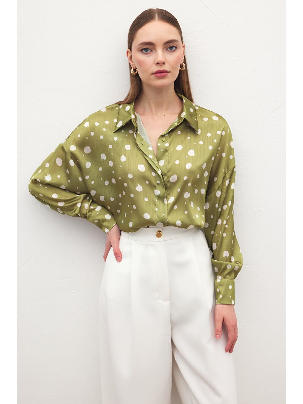 Puantiyeli Gömlek - Yağ Yeşili-5