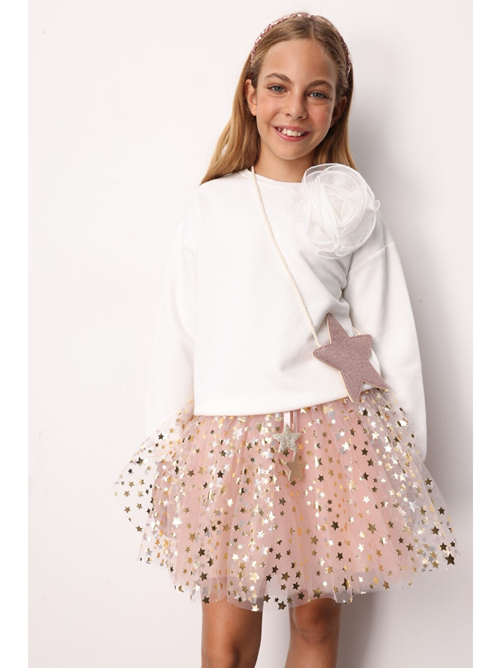 Pembe Pudra Yıldızlı Fiyonk Detaylı Kız Çocuk Tül Etek - Aster-2