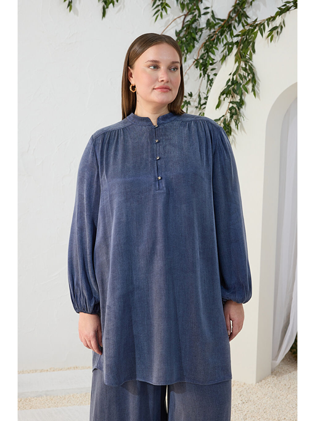 Lacivert Büzgü Lastik Detaylı Tunik-3