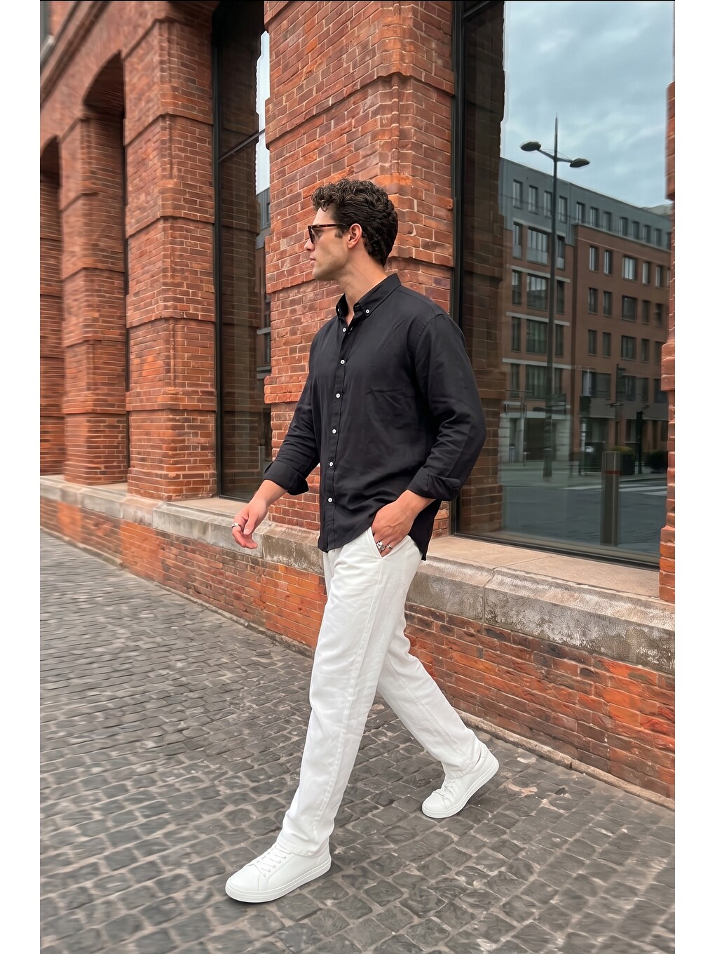 Siyah Kora Premium %100 Pamuk Keten Oversize Erkek Düğmeli Yaka Gömlek-3