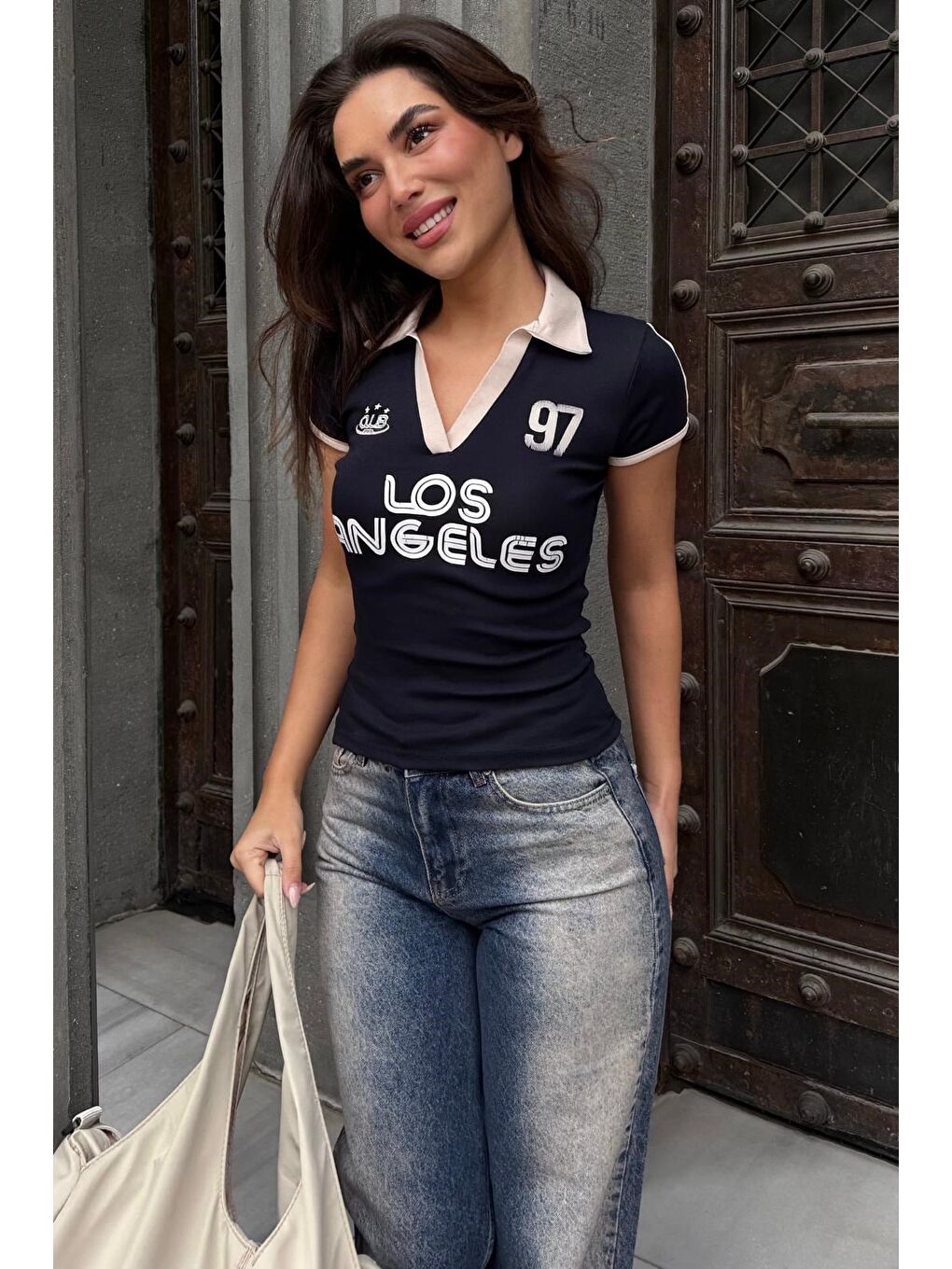 Lacivert Baskılı Polo Yaka Slim Fit Kadın Tişört Mg2689-1