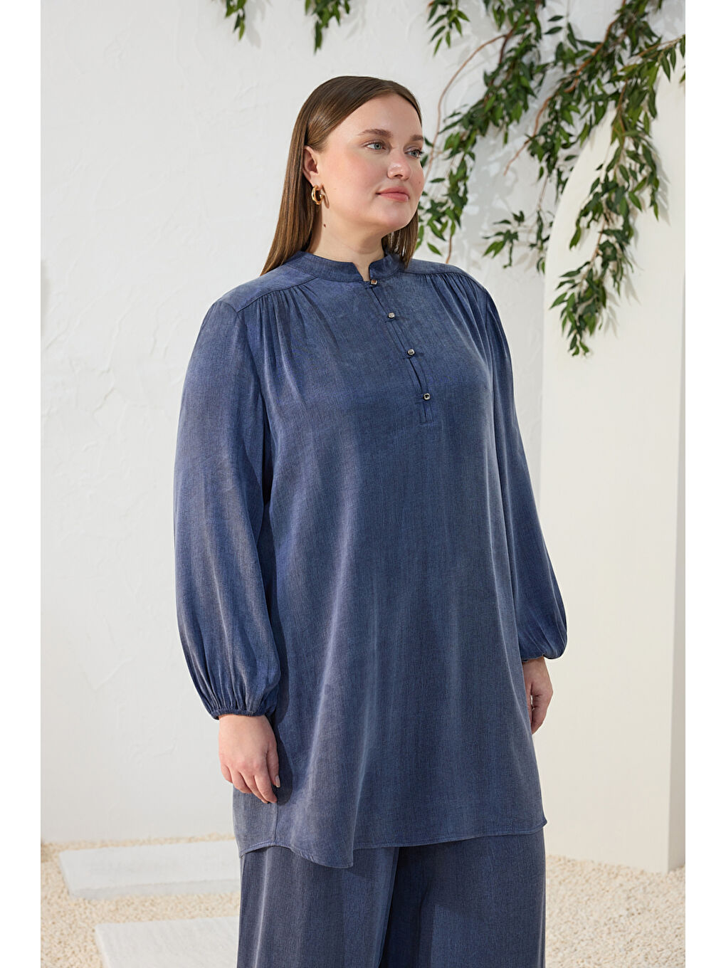 Lacivert Büzgü Lastik Detaylı Tunik-4