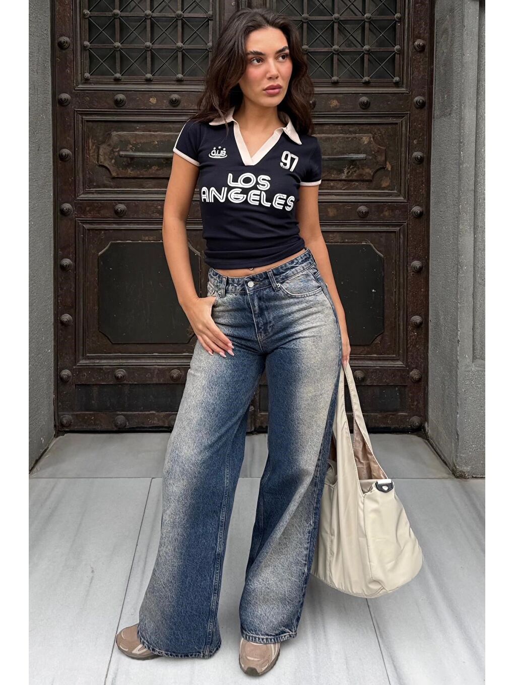 Lacivert Baskılı Polo Yaka Slim Fit Kadın Tişört Mg2689-3