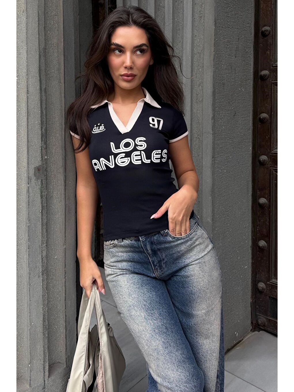 Lacivert Baskılı Polo Yaka Slim Fit Kadın Tişört Mg2689-4