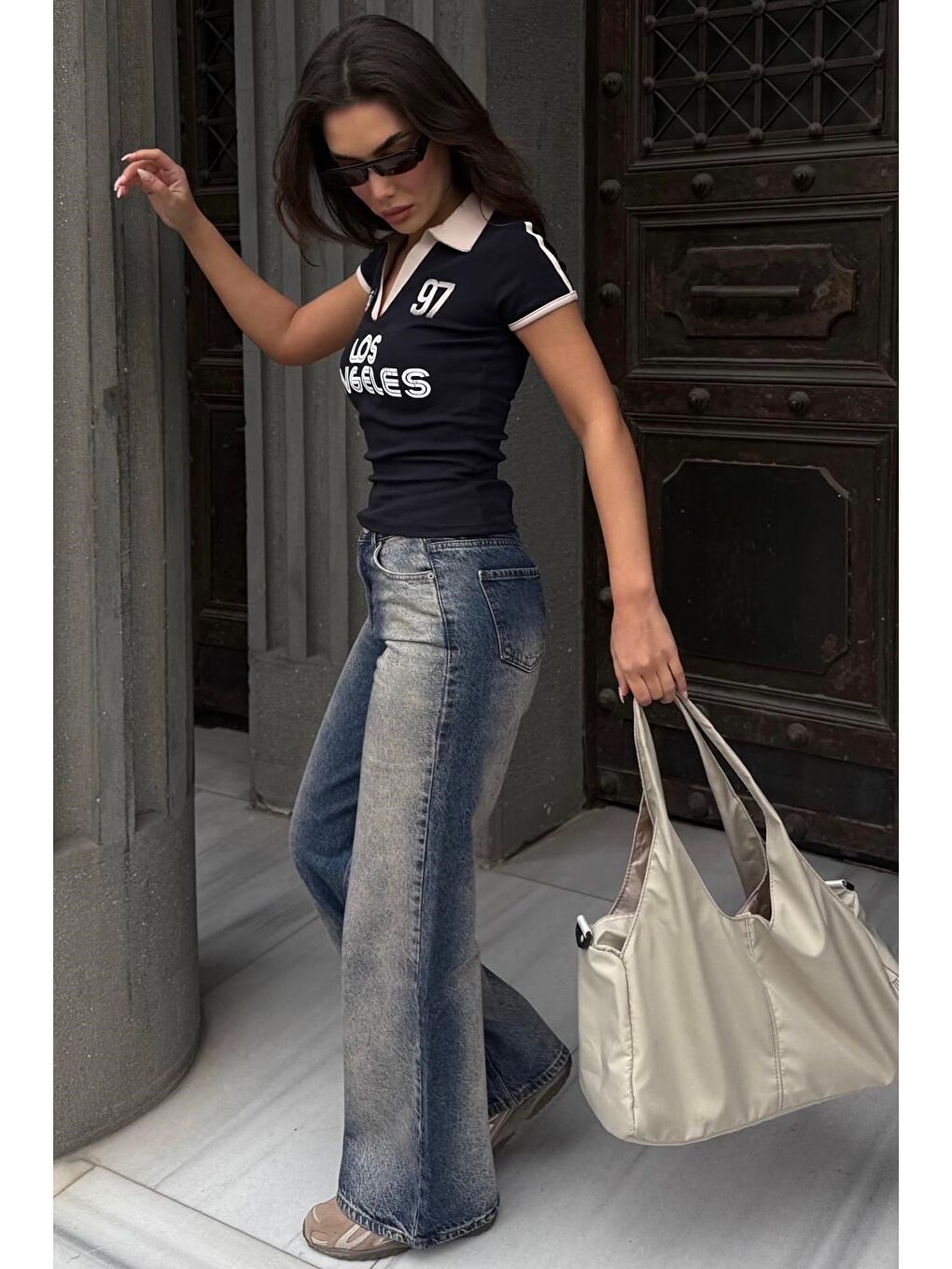 Lacivert Baskılı Polo Yaka Slim Fit Kadın Tişört Mg2689-5