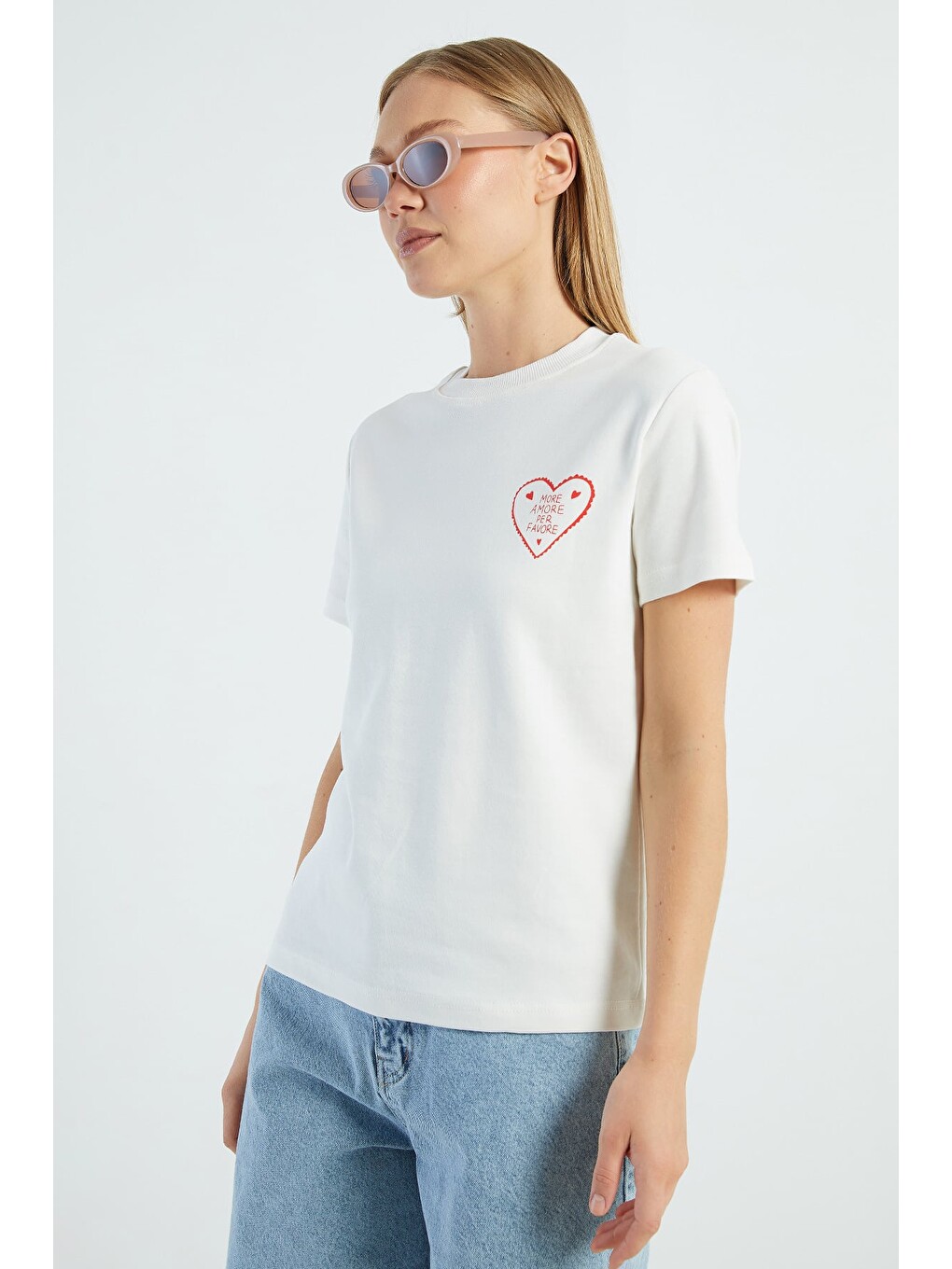 Ekru More Amore Per Favore Baskılı Tişört-2