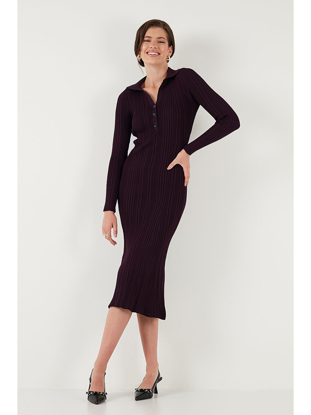 Mürdüm Premium Fitilli V Yaka Slim Fit Midi Boy Triko Elbise 680EL00282-2