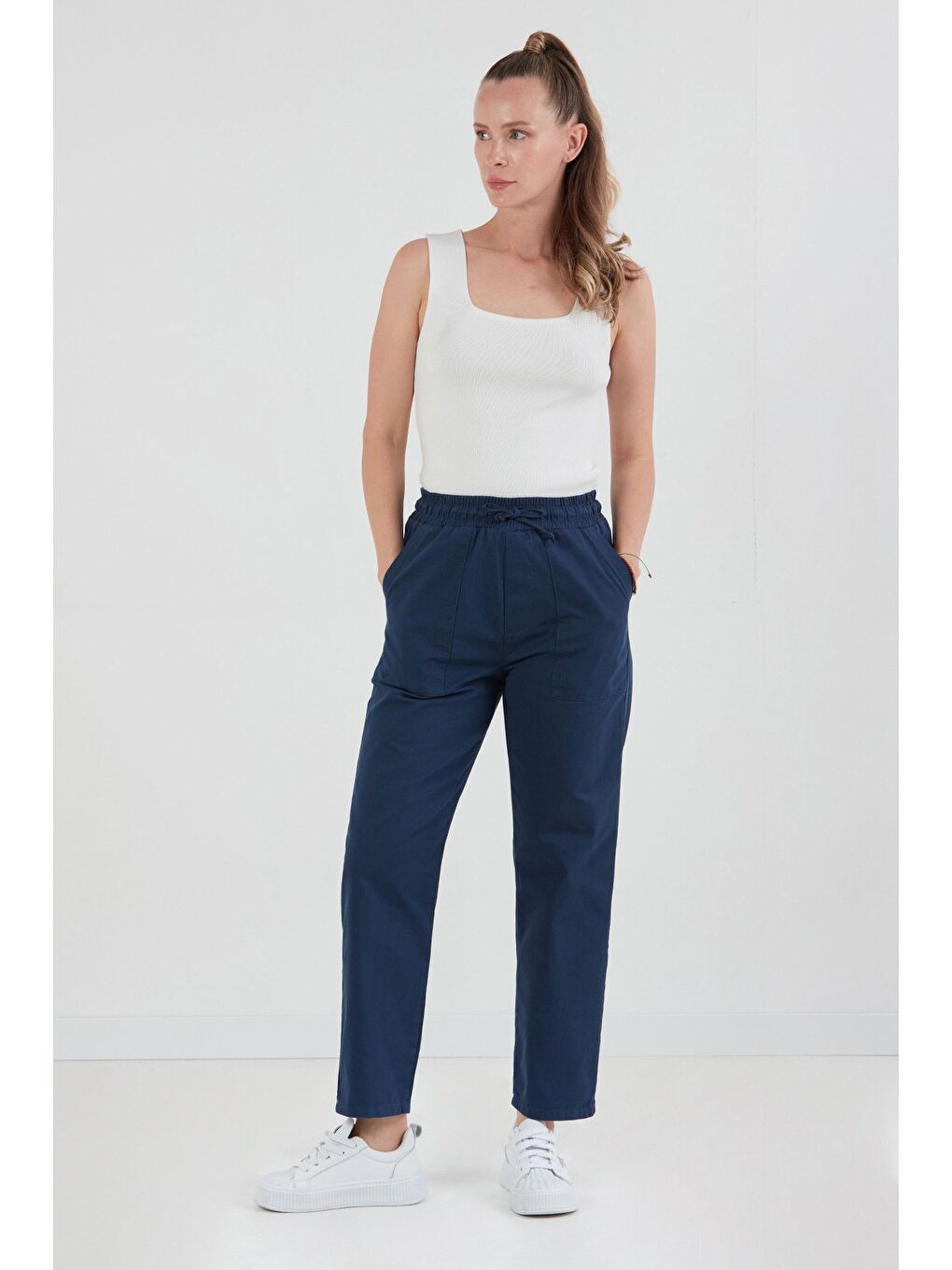 Lacivert Beli Lastikli Gabardin Pantolon