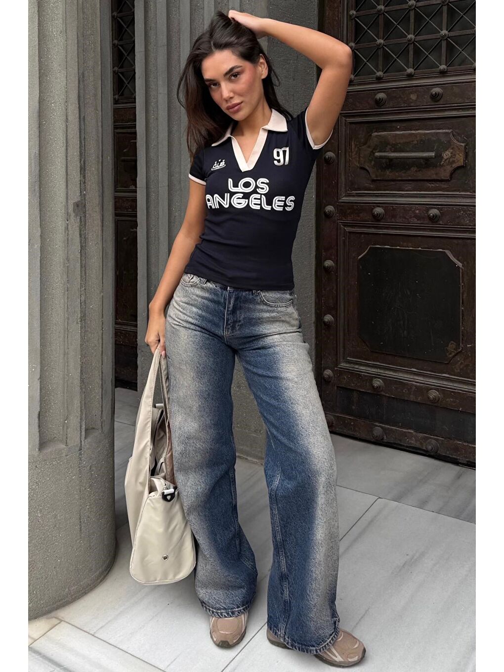 Lacivert Baskılı Polo Yaka Slim Fit Kadın Tişört Mg2689-7