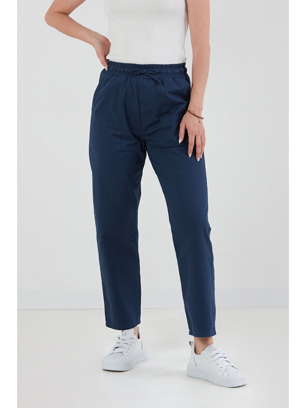 Lacivert Beli Lastikli Gabardin Pantolon-1