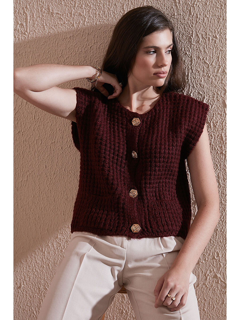 Bordo Premium Oversize Fit Bisiklet Yaka Düğmeli Örgü Yelek 680YL1416