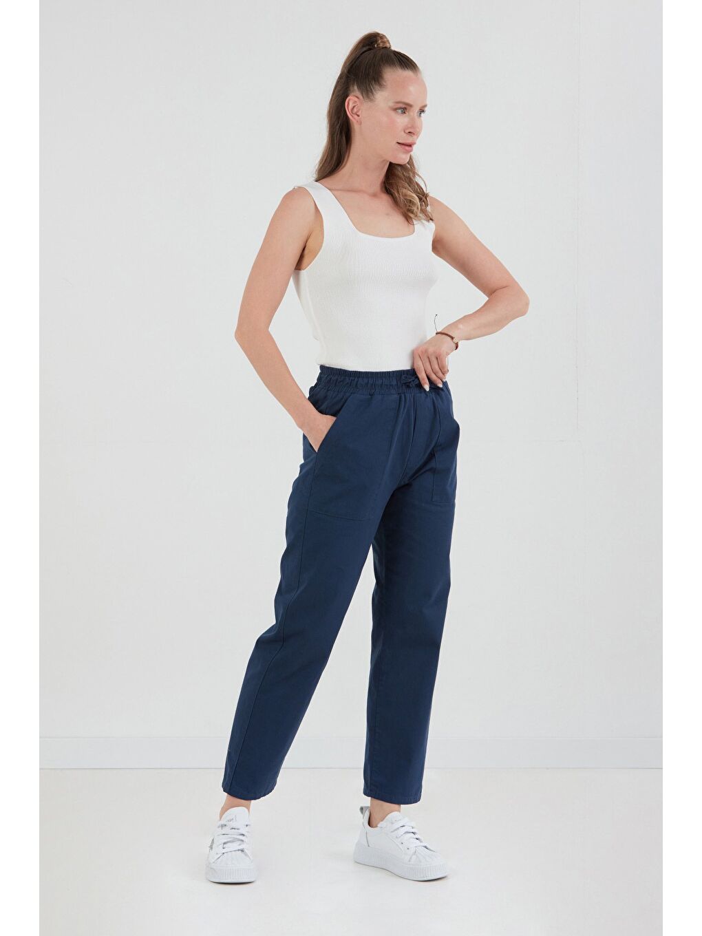 Lacivert Beli Lastikli Gabardin Pantolon-2