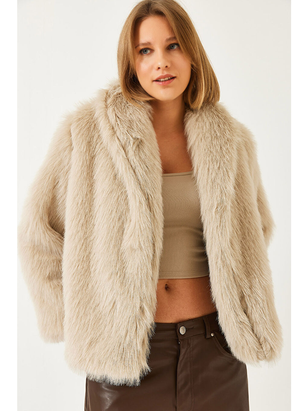 Bej Kadın Premium Suni Kürk Ceket