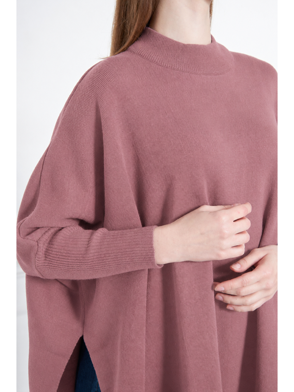 Pembe Kadın Yandan Yırtmaçlı Oversize Panço Kazak-1