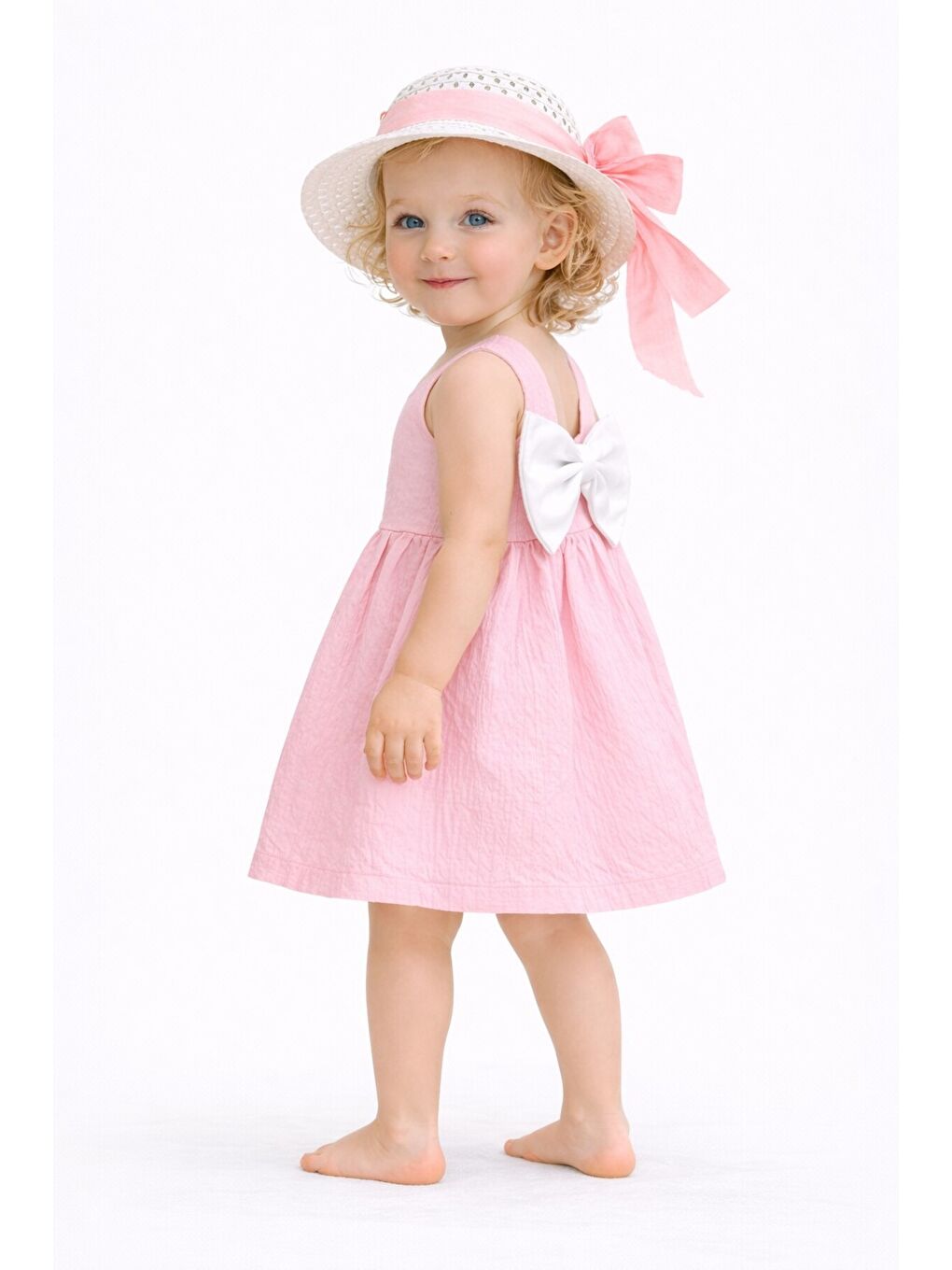 Pembe Tatlı Kız Bebek Yazlık Fiyonklu Şapkalı Pamuklu 2'li elbise-1