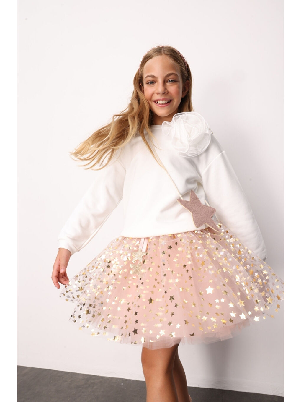 Pembe Pudra Yıldızlı Fiyonk Detaylı Kız Çocuk Tül Etek - Aster-3
