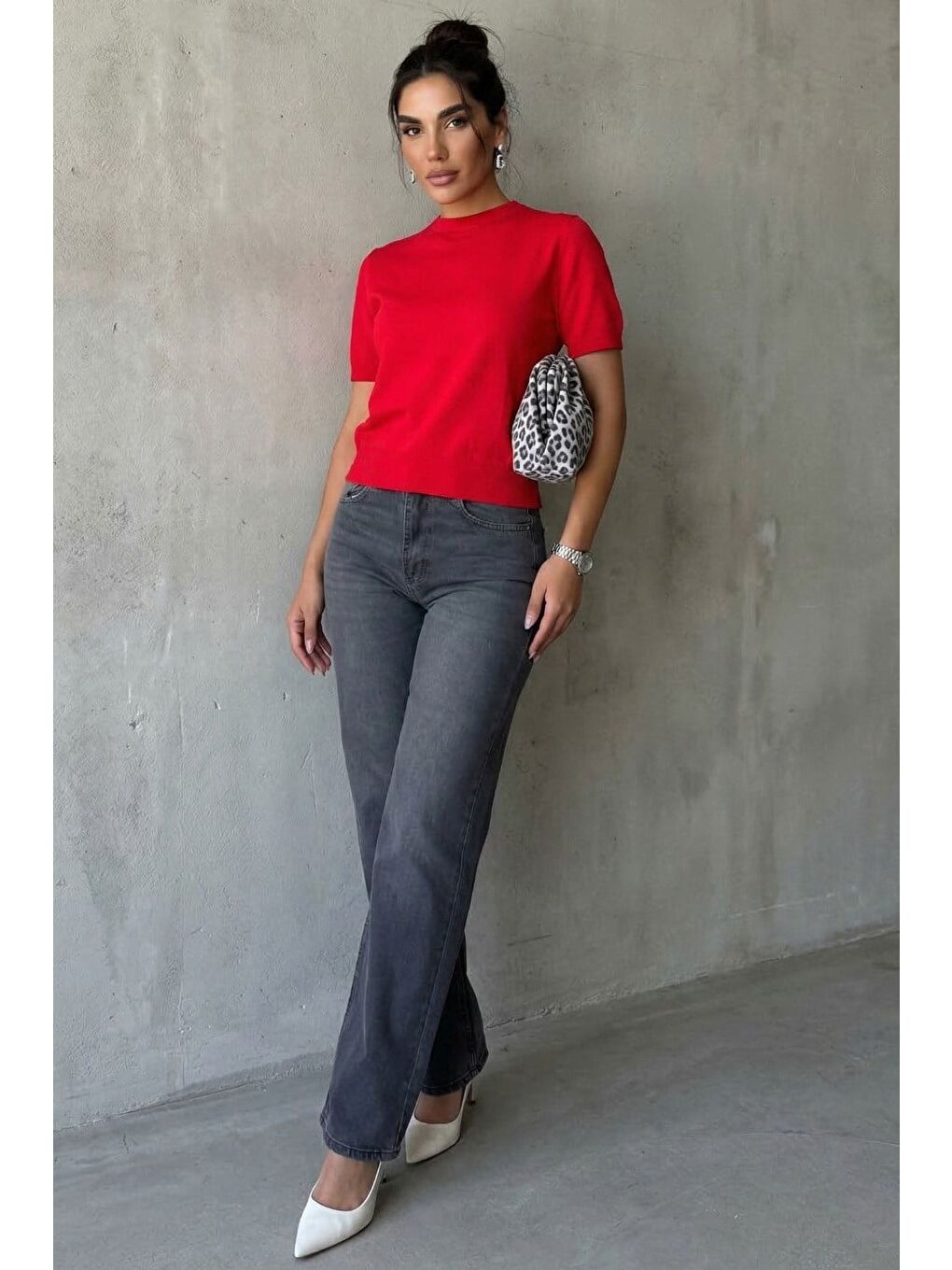 Kırmızı Bisiklet Yaka Kadın Triko Tişört Mg2703-1