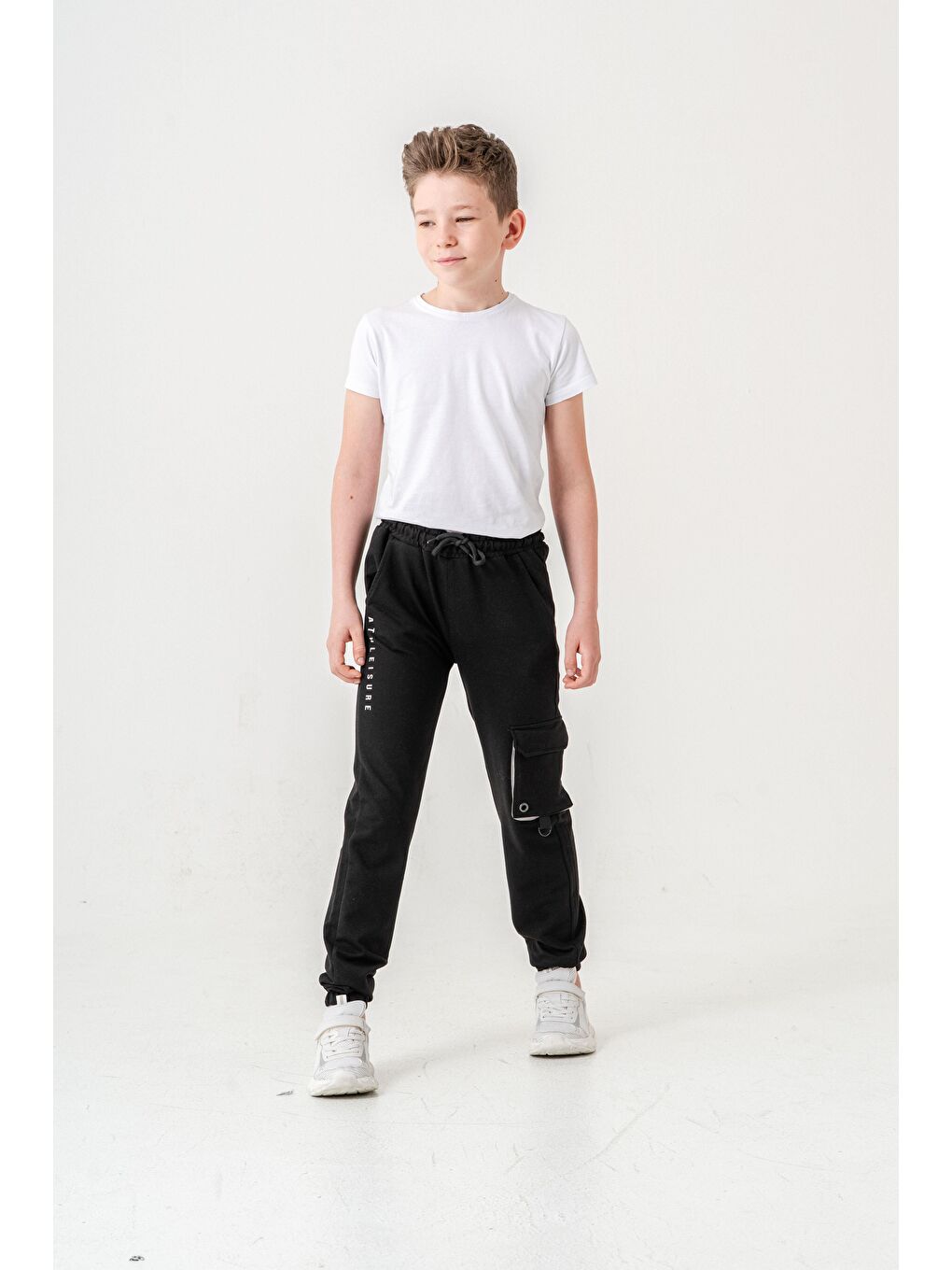 Siyah Athleisure Baskılı Kargo Cepli Erkek Çocuk Eşofman Altı