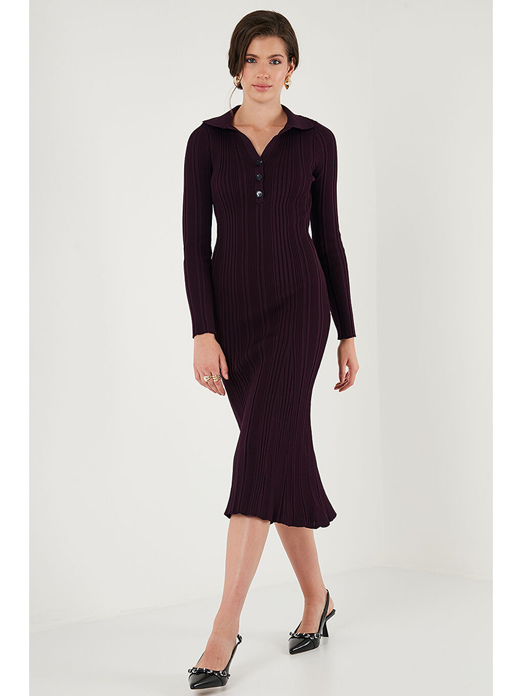 Mürdüm Premium Fitilli V Yaka Slim Fit Midi Boy Triko Elbise 680EL00282-3