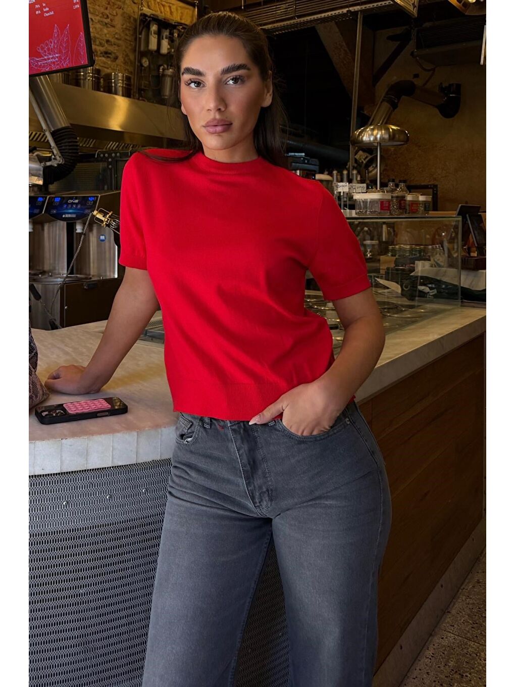 Kırmızı Bisiklet Yaka Kadın Triko Tişört Mg2703-3