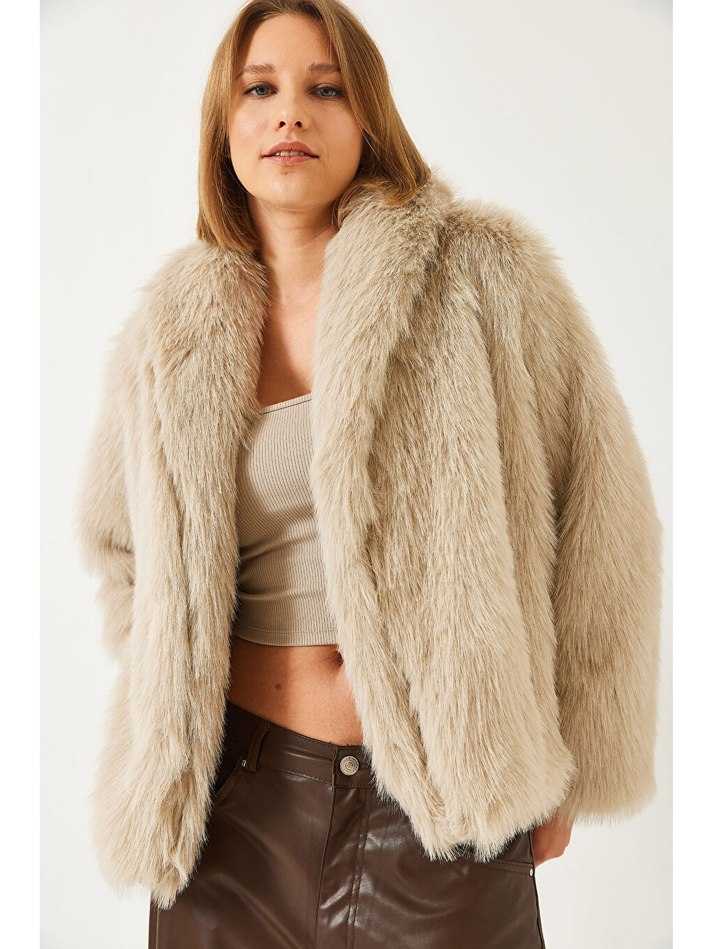 Bej Kadın Premium Suni Kürk Ceket-5