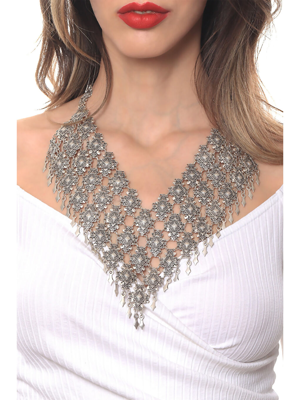 Gri Kadın Antik Gümüş Kaplama El Yapmı Bohem Kolye-1