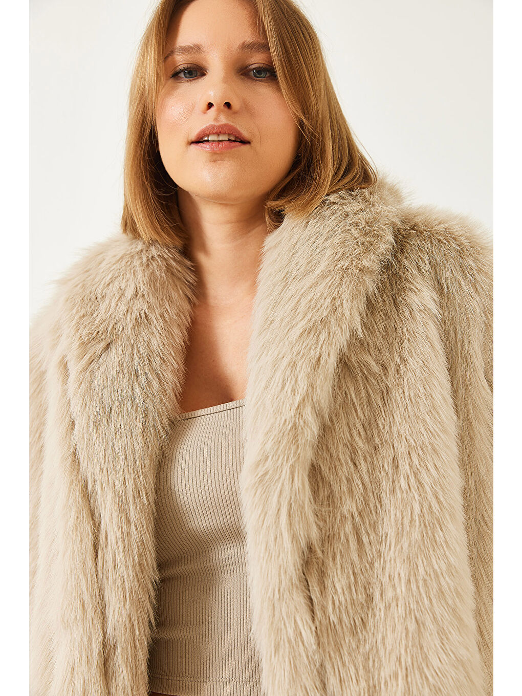 Bej Kadın Premium Suni Kürk Ceket-6