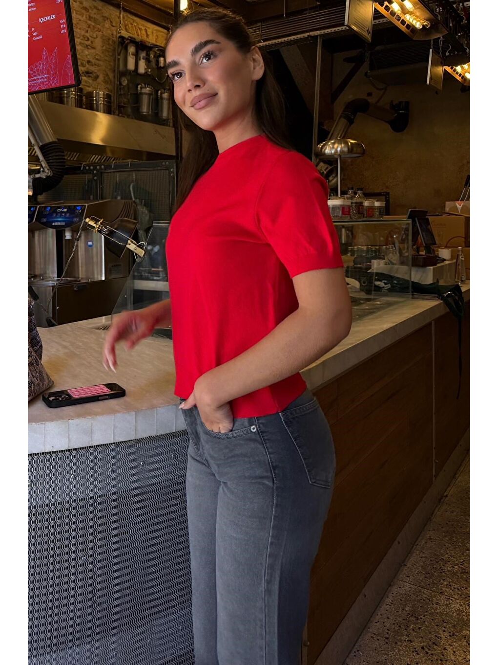 Kırmızı Bisiklet Yaka Kadın Triko Tişört Mg2703-5