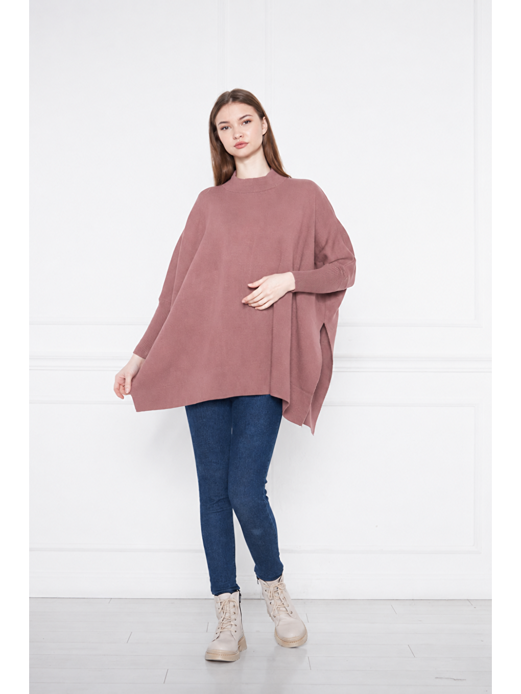 Pembe Kadın Yandan Yırtmaçlı Oversize Panço Kazak-4