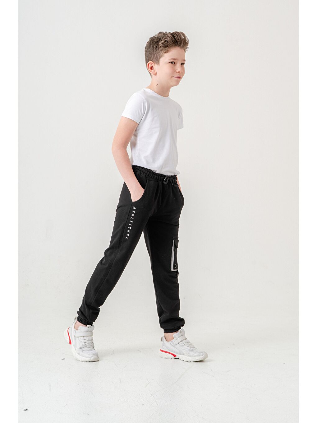 Siyah Athleisure Baskılı Kargo Cepli Erkek Çocuk Eşofman Altı-1