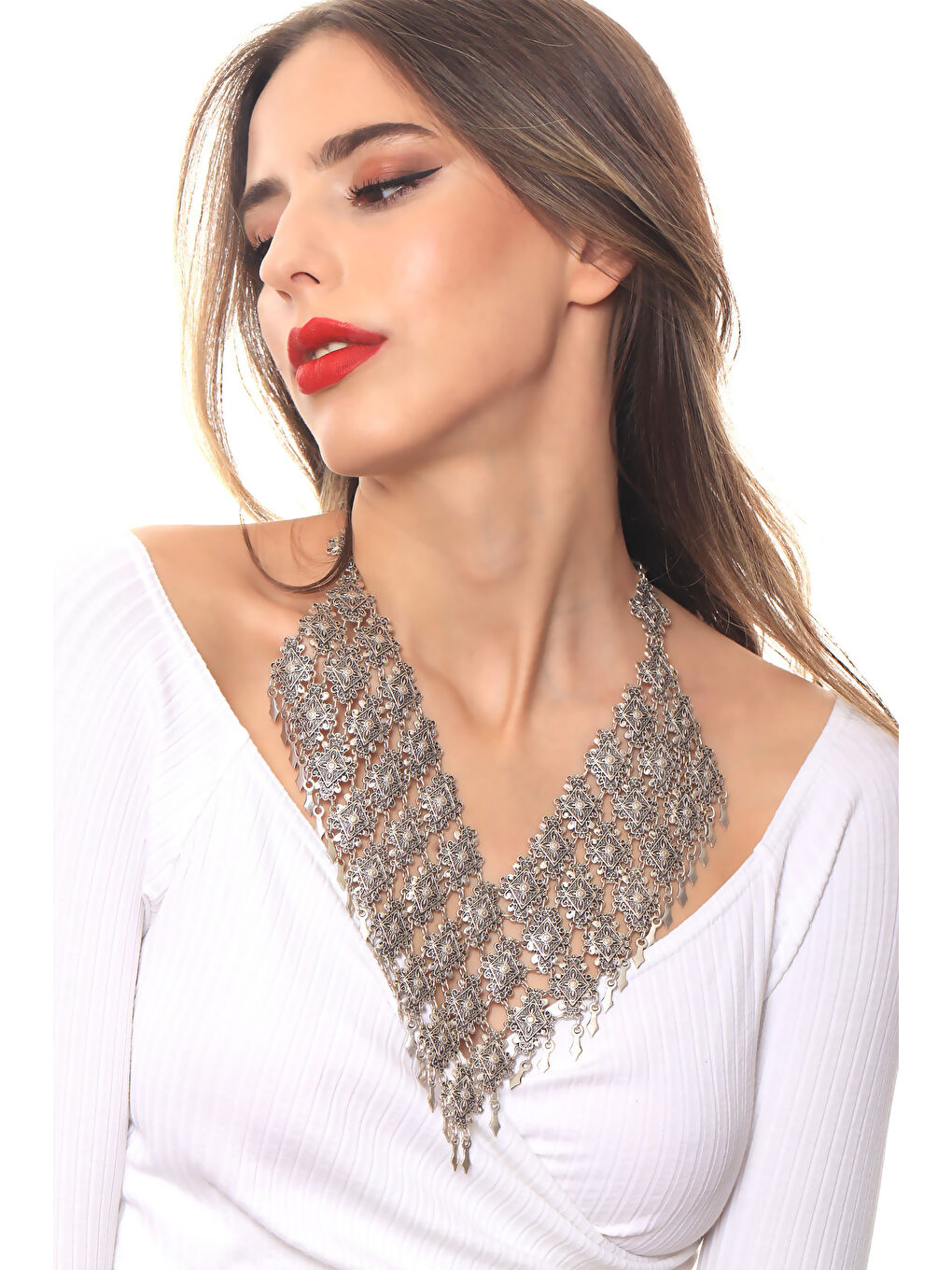 Gri Kadın Antik Gümüş Kaplama El Yapmı Bohem Kolye-2