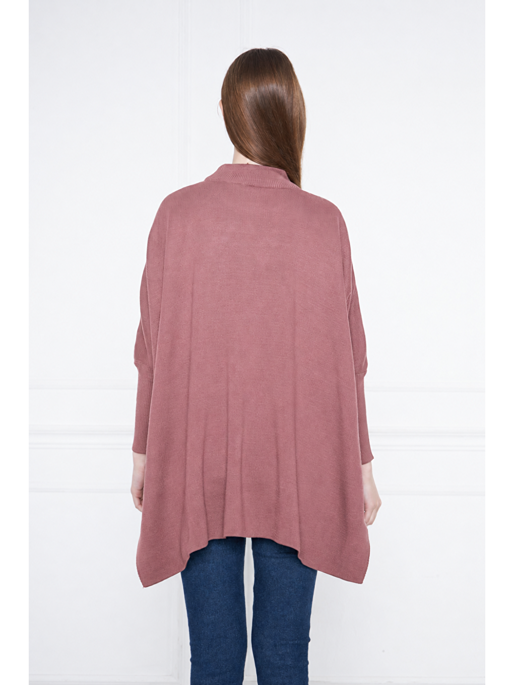 Pembe Kadın Yandan Yırtmaçlı Oversize Panço Kazak-5