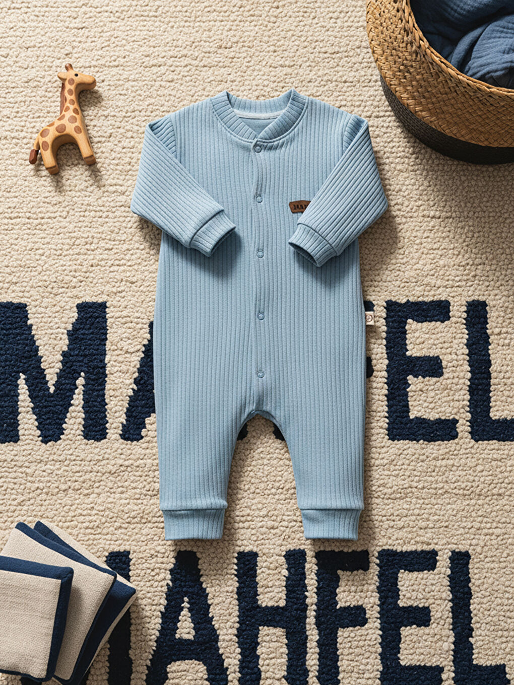 Mavi %100 Pamuklu Fitilli Bebek Tulum Salopet MAVİ-2