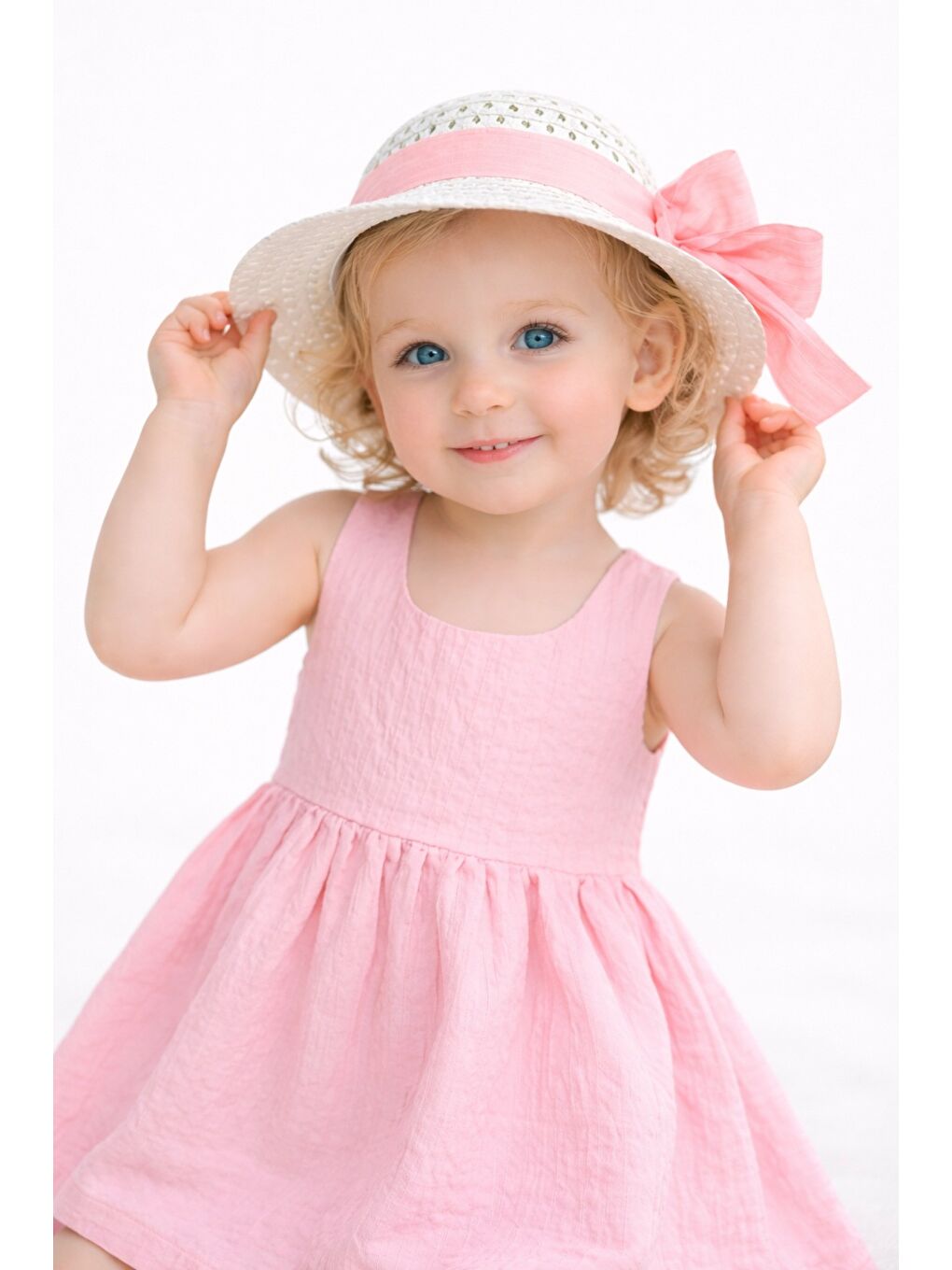 Pembe Tatlı Kız Bebek Yazlık Fiyonklu Şapkalı Pamuklu 2'li elbise-3