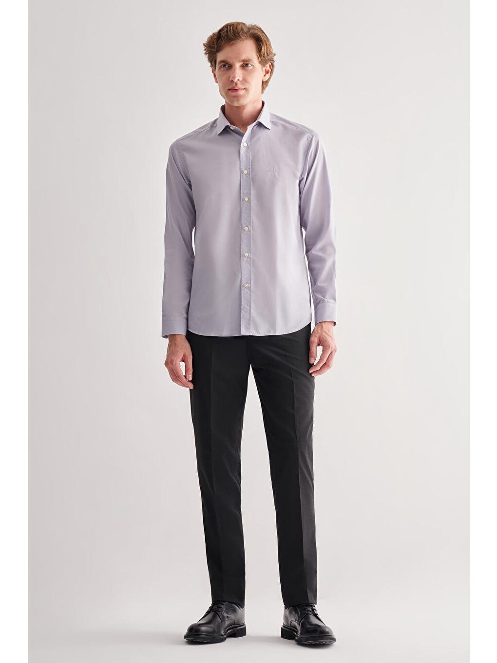 Gri Yarım İtalyan Yaka Uzun Kol Slim Fit Pamuklu Gömlek 1004255180-1