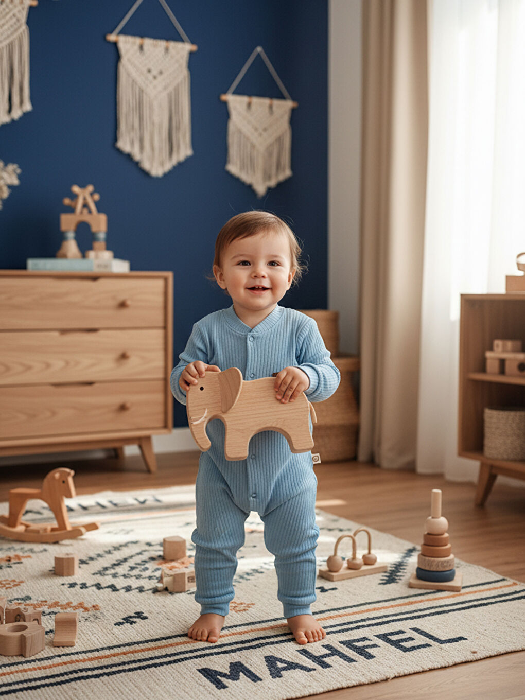 Mavi %100 Pamuklu Fitilli Bebek Tulum Salopet MAVİ-3