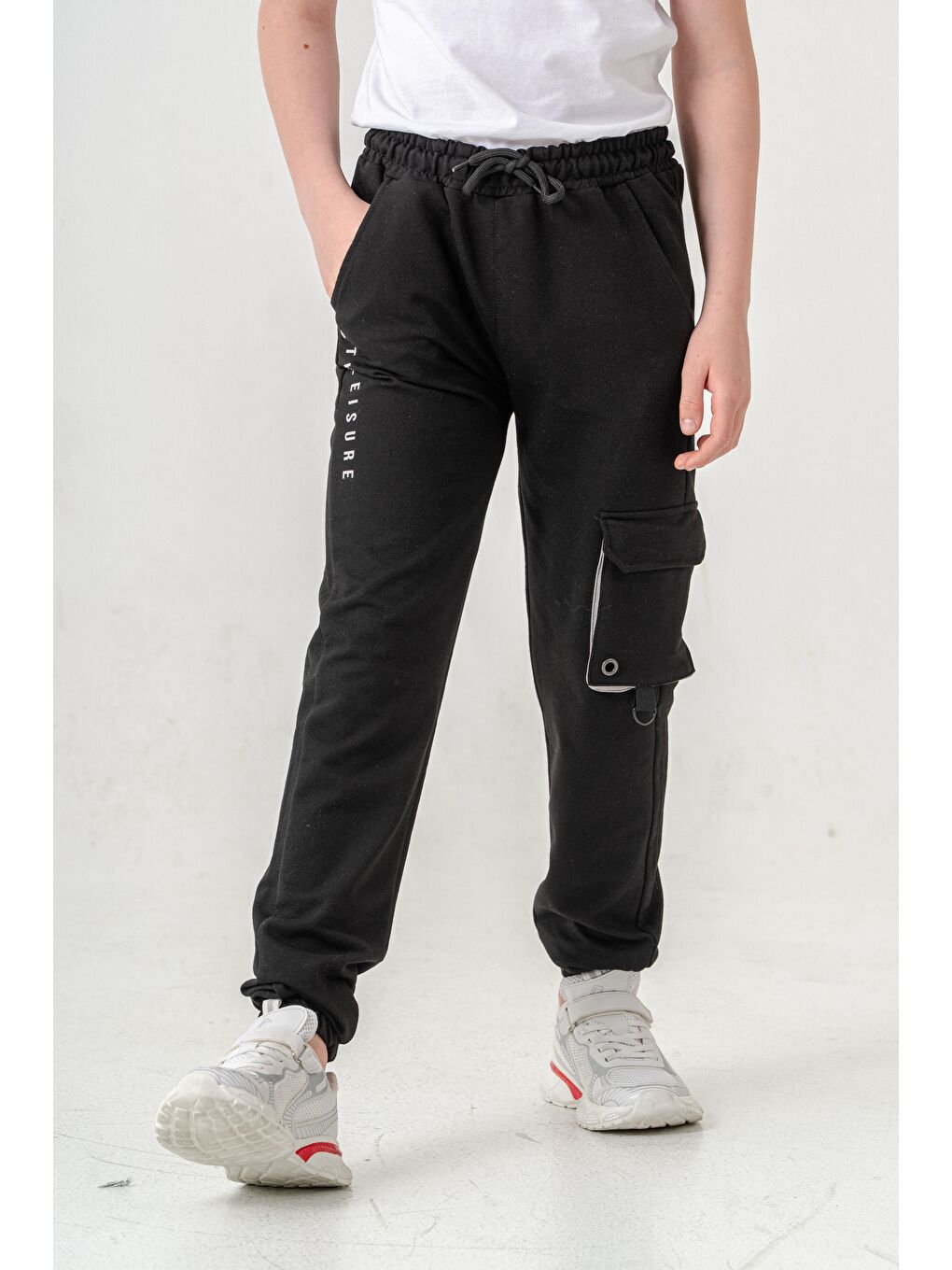 Siyah Athleisure Baskılı Kargo Cepli Erkek Çocuk Eşofman Altı-2