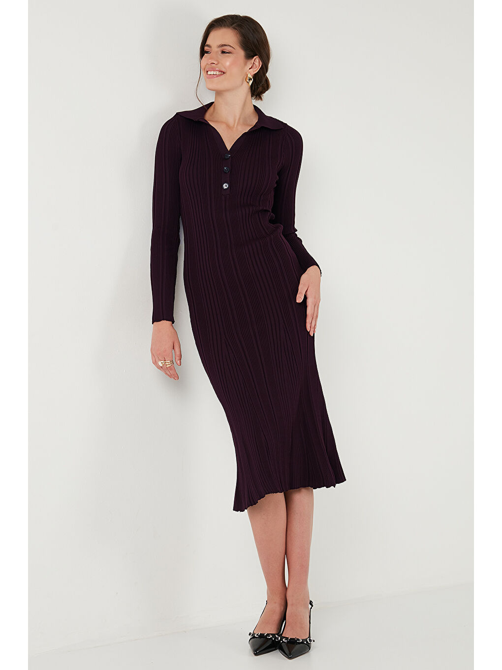 Mürdüm Premium Fitilli V Yaka Slim Fit Midi Boy Triko Elbise 680EL00282-4