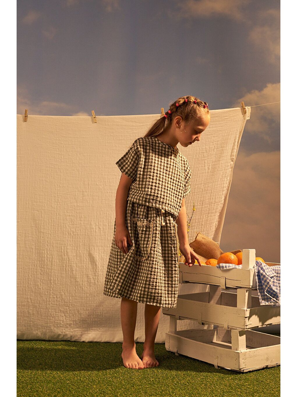 Haki Daisy Picnic Serisi Etekli Takım-7