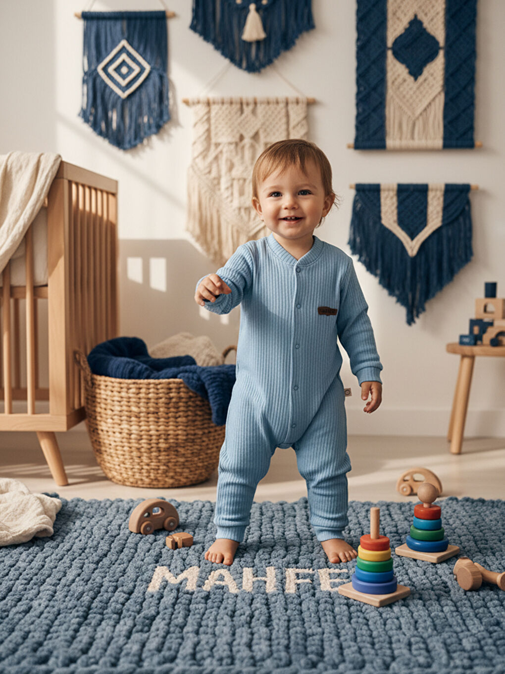 Mavi %100 Pamuklu Fitilli Bebek Tulum Salopet MAVİ-4