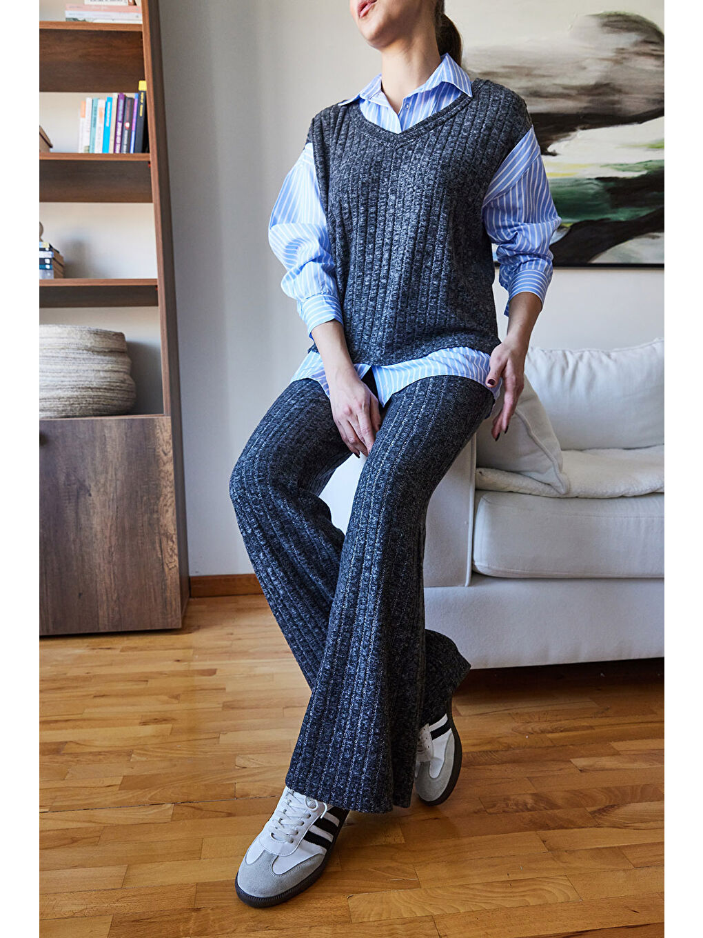 Mavi Kadın Süveter Detaylı Çizgili Gömlekli Alt Üst Takım-1