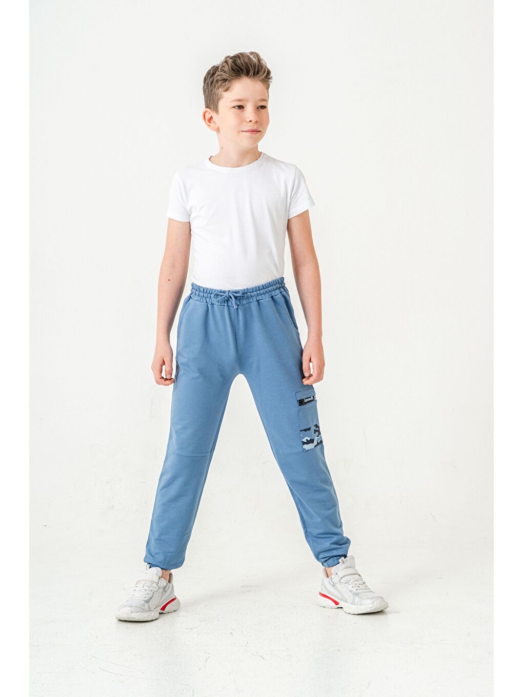 Mavi Kargo Cepli Cep Kamuflaj Baskılı Fermuarlı Erkek Çocuk Eşofman Altı