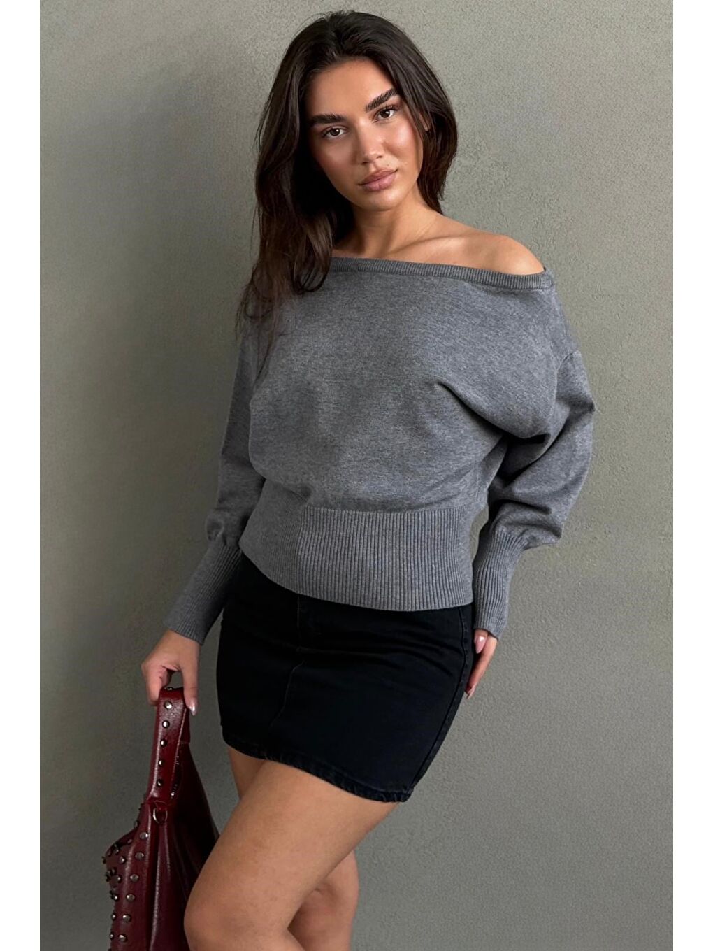 Gri Ribbed Asimetrik Kesimli Kadın Kazak Mg2744