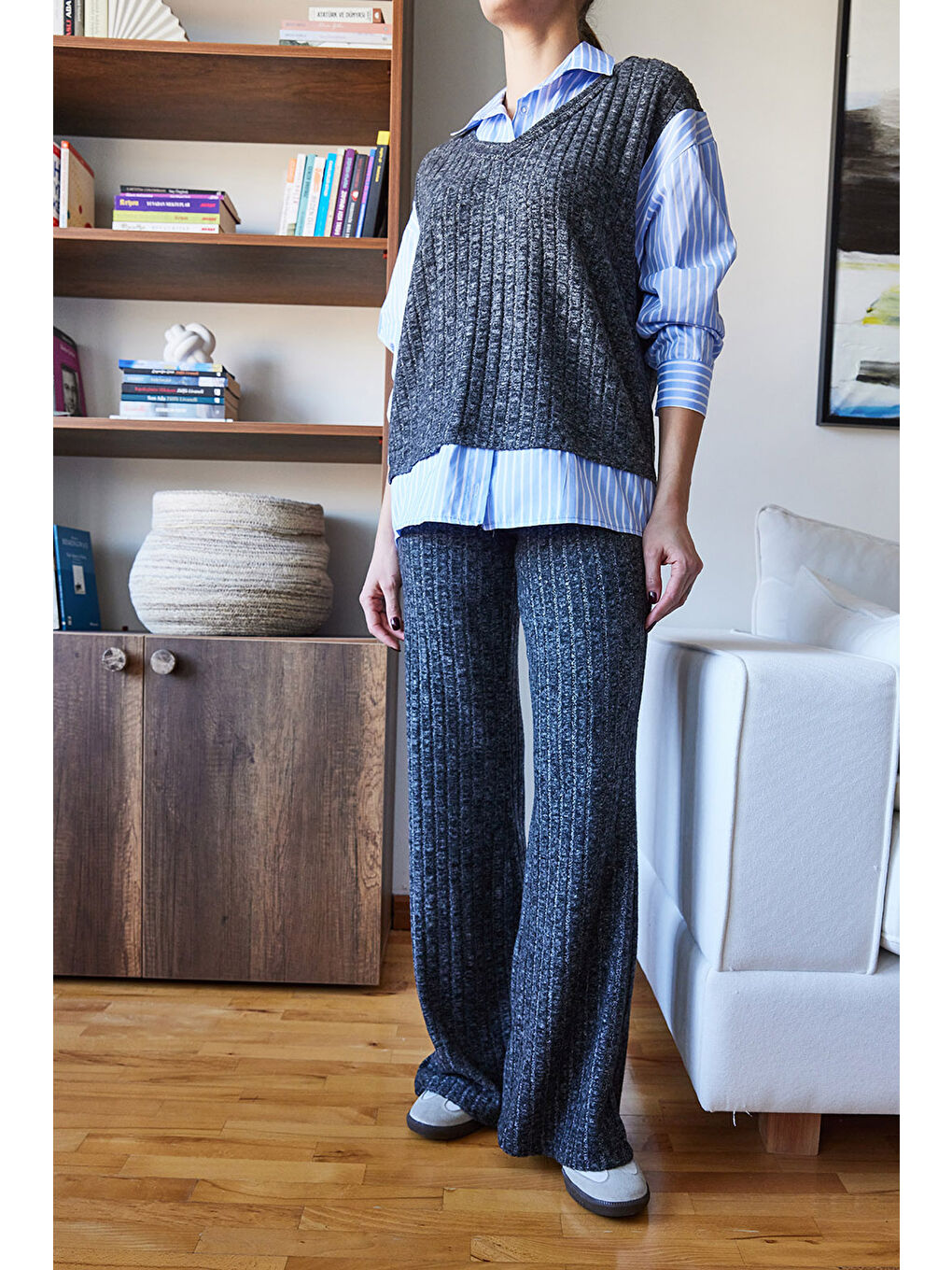 Mavi Kadın Süveter Detaylı Çizgili Gömlekli Alt Üst Takım-2