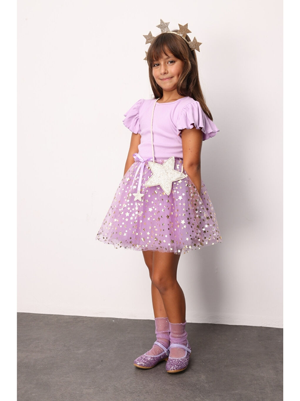 Lila Yıldızlı Fiyonk Detaylı Kız Çocuk Tül Etek - Aster-1